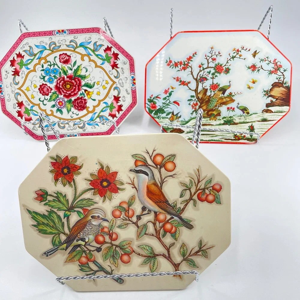 Vtg Octagon Wall Plaque x3 Birds Floral Chinoiserie Asian Decor Metal Laminate